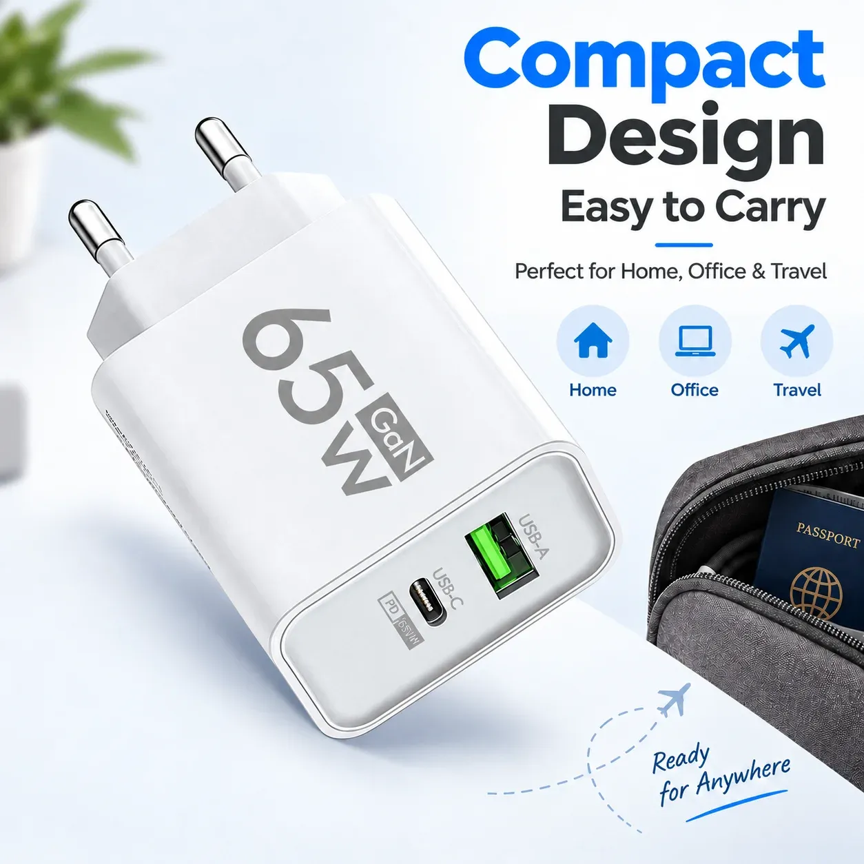 Chargeur rapide USB-C GaN 65 W, adaptateur mural Type-C compatible prises EU/US, pour iPhone, Samsung, Xiaomi et autres smartphones 5