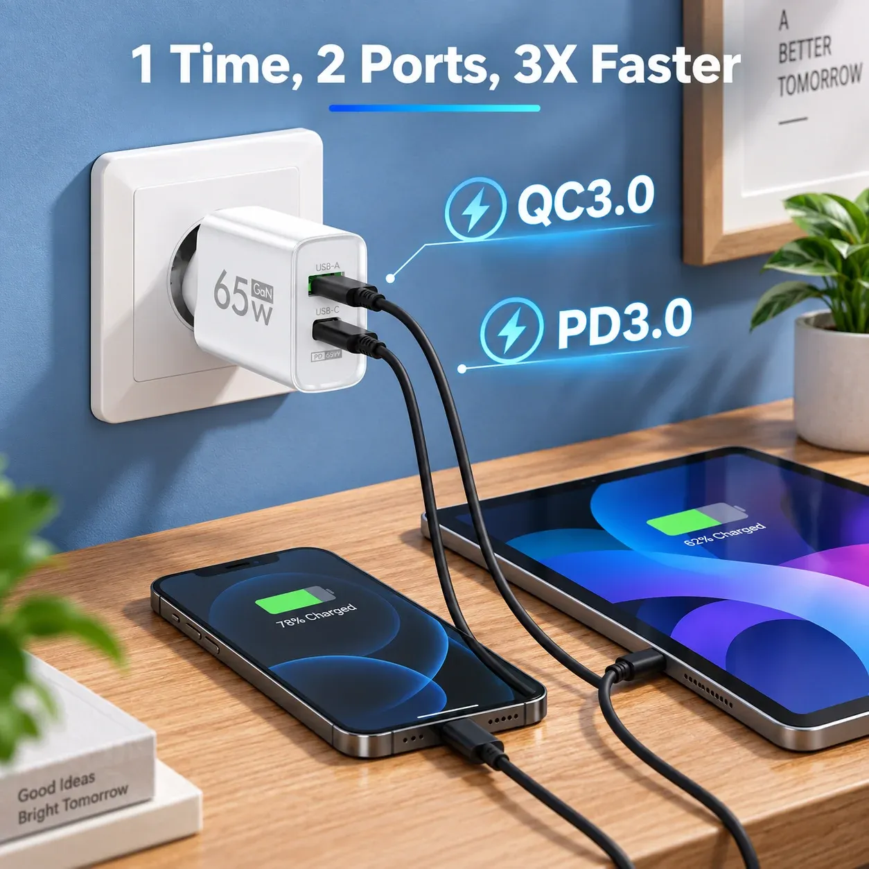 Chargeur rapide USB-C GaN 65W, finition et détails