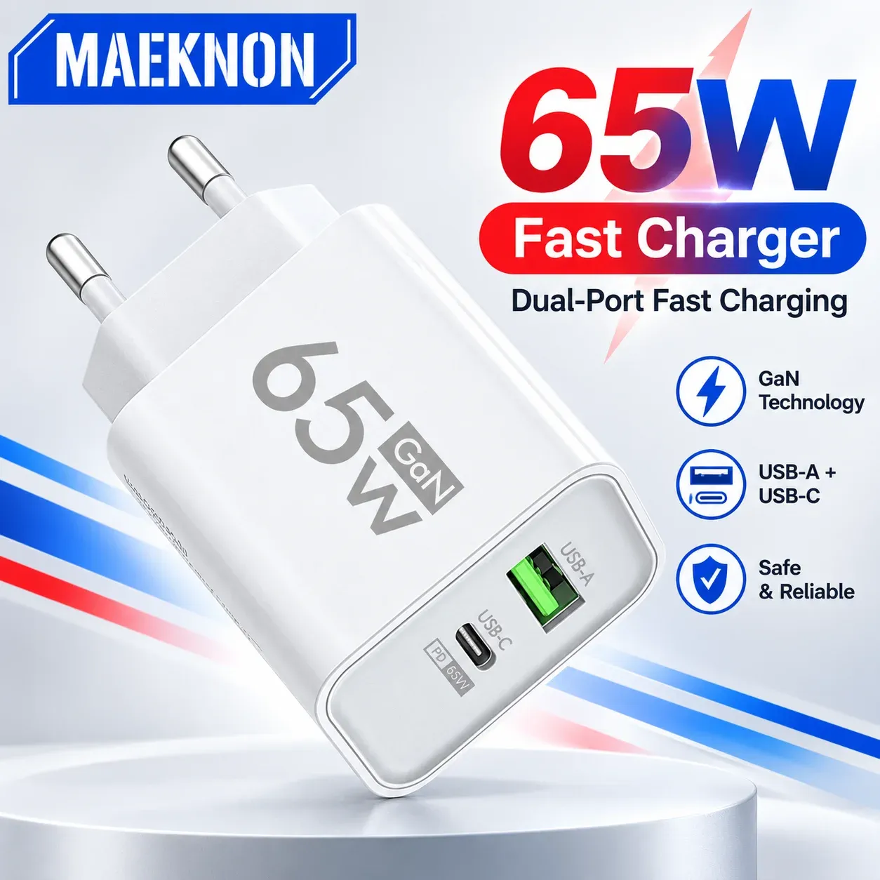Chargeur rapide USB-C GaN 65W, vue de présentation