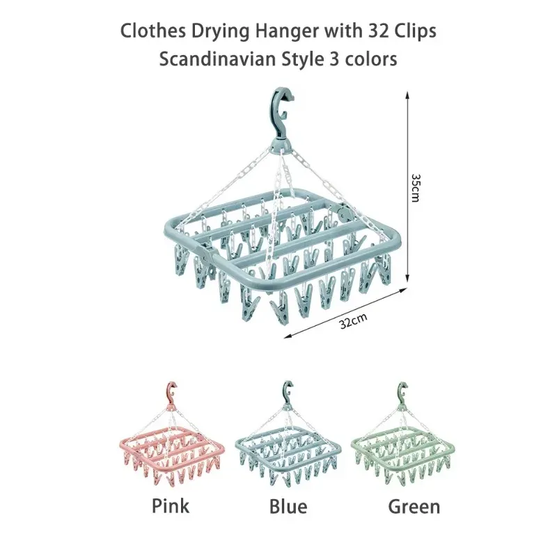 Cintre de séchage pliable avec 32 pinces pour chaussettes, soutiens-gorge, serviettes, sous-vêtements et vêtements de bébé 1