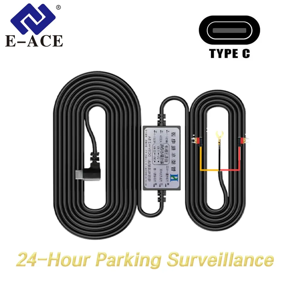 Kit de câblage pour caméra embarquée E-ACE 3,5 m Type-C 12 V-24 V vers 5 V/2,5 A, chargeur DVR pour rétroviseur avec fusible et protection contre les basses tensions, installation facile