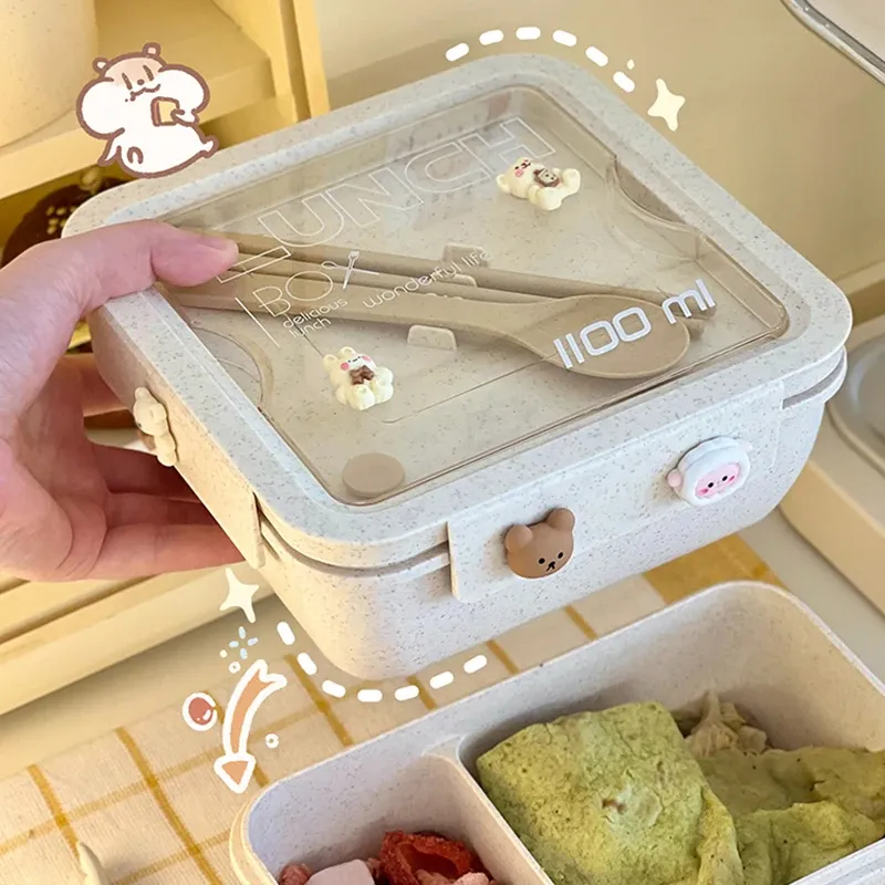 Boîte à déjeuner 1100 ml pour enfants et adultes, en paille de blé, compatible micro-ondes, avec couverts (cuillère et baguettes) - Image 1