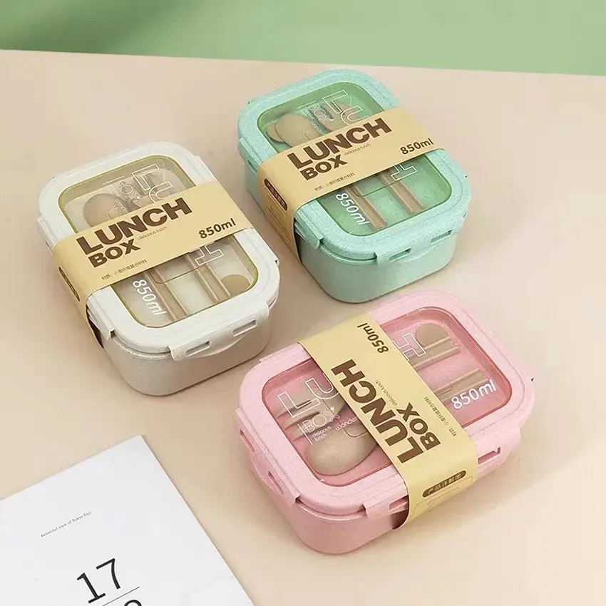 Boîte à déjeuner 1100 ml pour enfants et adultes, en paille de blé, compatible micro-ondes, avec couverts (cuillère et baguettes) 5