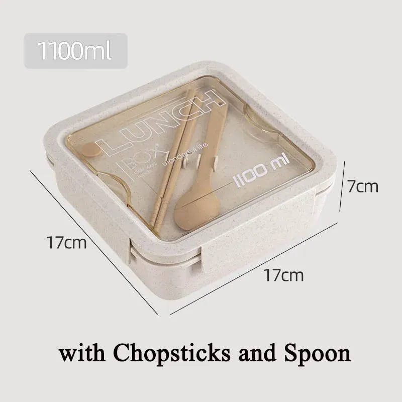 Boîte à déjeuner 1100 ml pour enfants et adultes, en paille de blé, compatible micro-ondes, avec couverts (cuillère et baguettes) 6