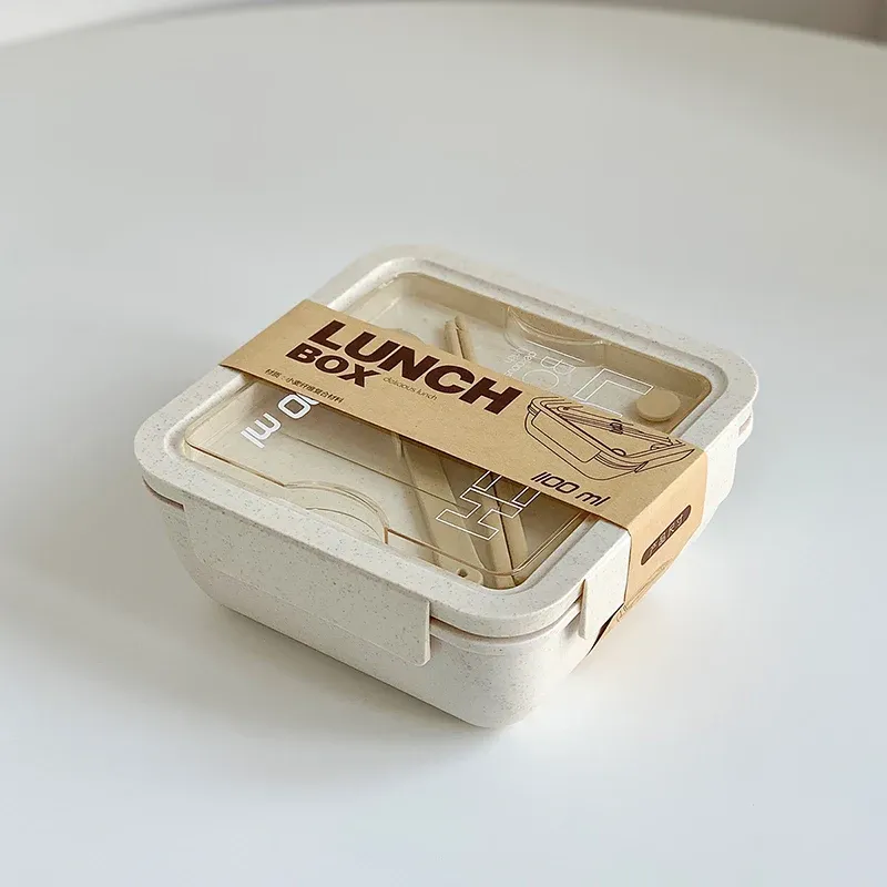 Boîte à déjeuner 1100 ml pour enfants et adultes, en paille de blé, compatible micro-ondes, avec couverts (cuillère et baguettes) 7