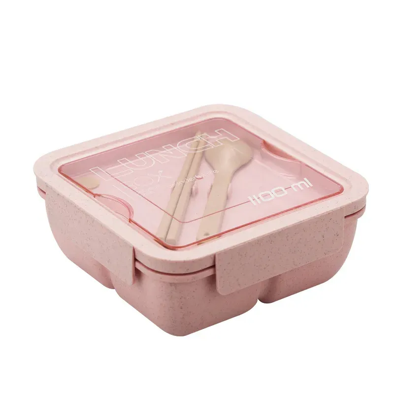Boîte à déjeuner 1100 ml pour enfants et adultes, en paille de blé, compatible micro-ondes, avec couverts (cuillère et baguettes) 15