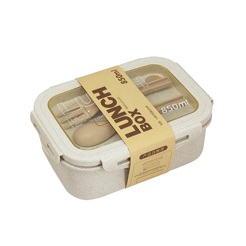 Boîte à déjeuner 1100 ml pour enfants et adultes, en paille de blé, compatible micro-ondes, avec couverts (cuillère et baguettes) 12