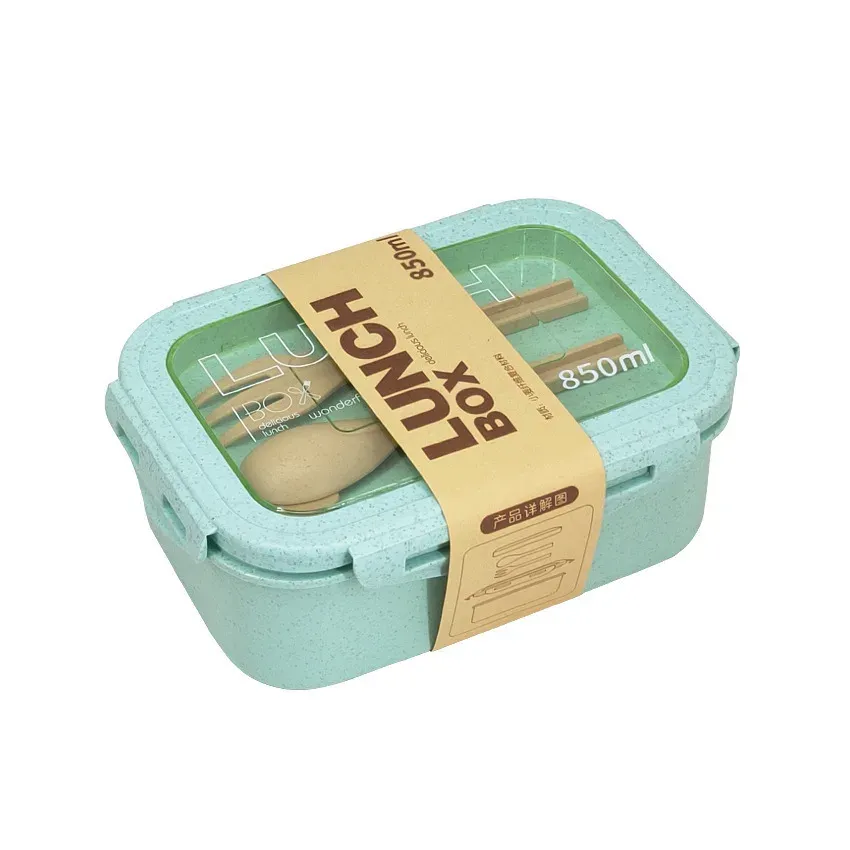 Boîte à déjeuner 1100 ml pour enfants et adultes, en paille de blé, compatible micro-ondes, avec couverts (cuillère et baguettes) 10