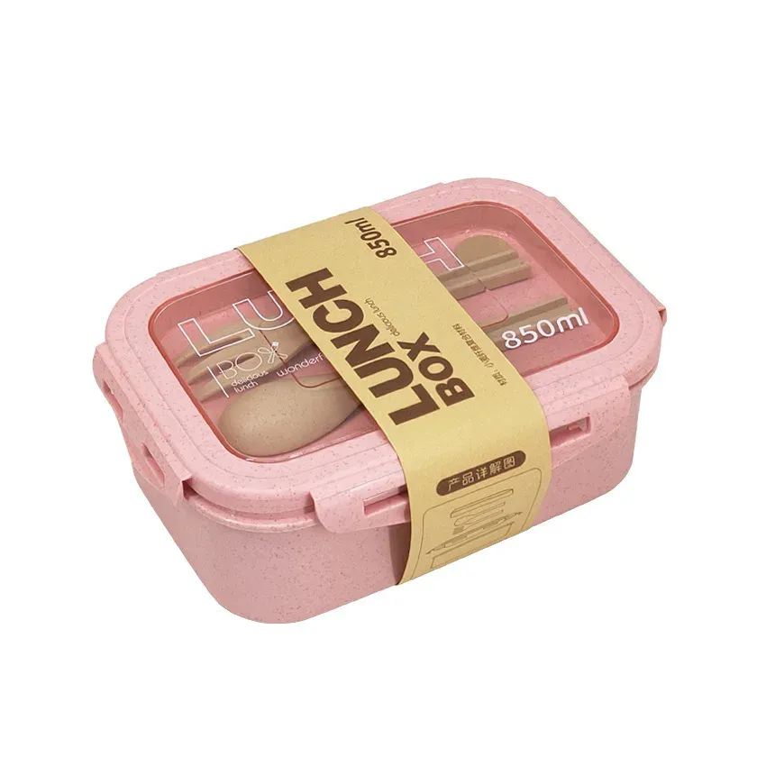 Boîte à déjeuner 1100 ml pour enfants et adultes, en paille de blé, compatible micro-ondes, avec couverts (cuillère et baguettes) 9