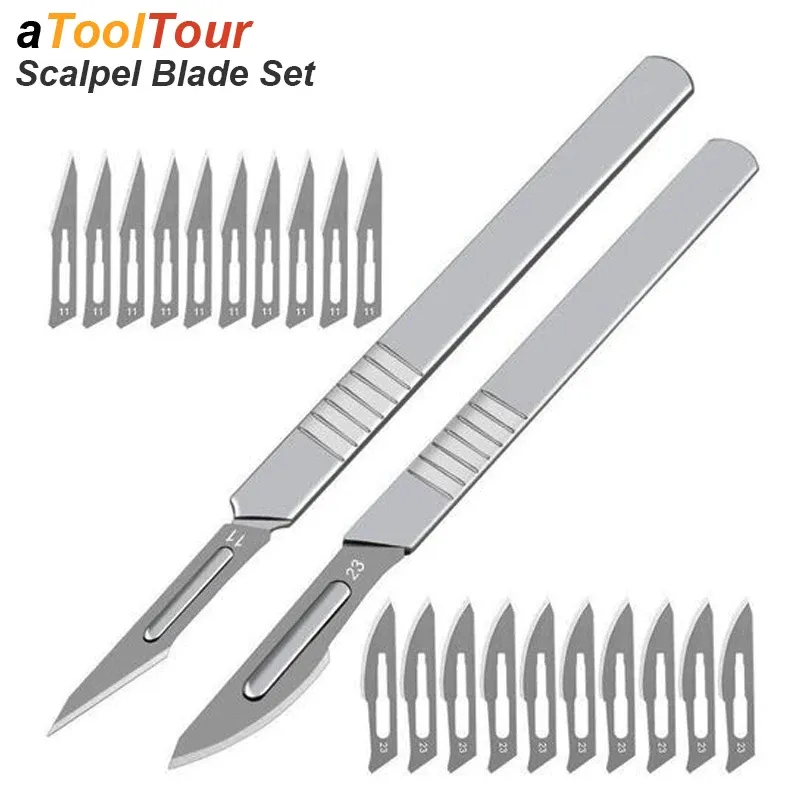 Staacquaring Ensemble de couteaux en acier au carbone avec lames de scalpel n° 11, 23 pièces, manche et boîte en métal