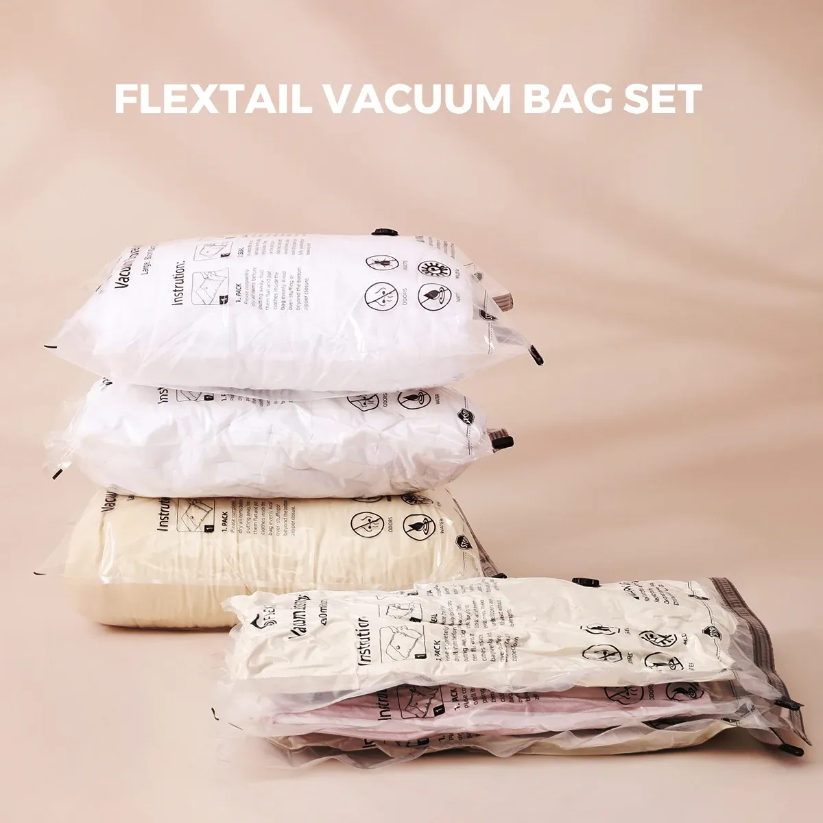 FLEXTAIL Ensemble de 4 sacs sous vide durables et peu encombrants pour vêtements et literie (pompe requise) – Idéal pour les voyages et la maison - Image 1
