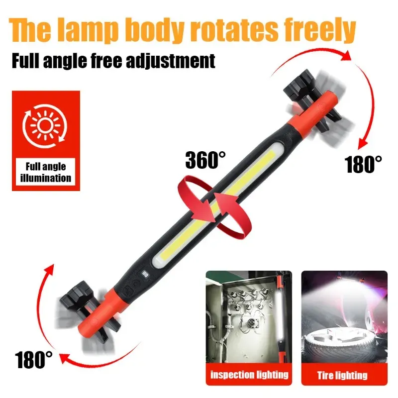 Lampe de travail LED rechargeable à haut lumen avec crochets et base magnétique, pour réparations automobiles d'urgence