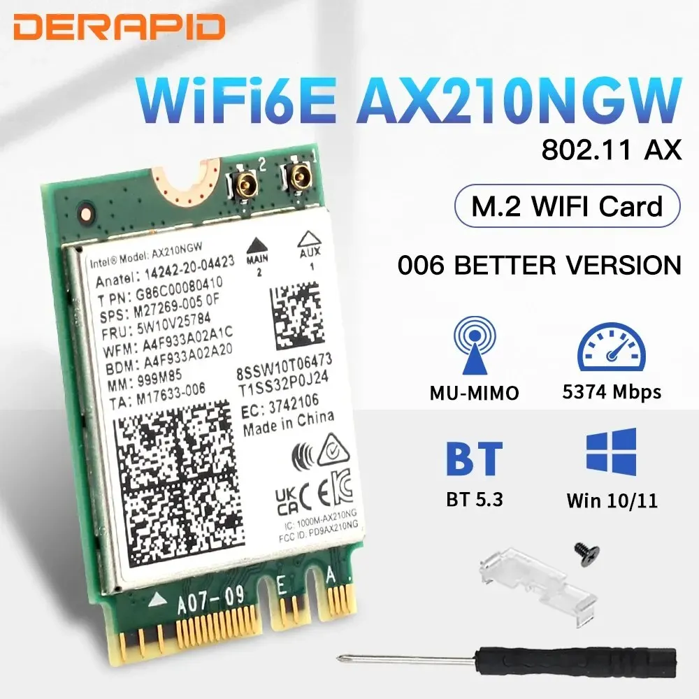 Adaptateur sans fil WiFi 6E AX210NGW NGFF avec Bluetooth 5.3, 5374 Mbps, 2,4 GHz / 5 GHz / 6 GHz, 802.11ax, pour ordinateur de bureau et portable, compatible Windows 10/11