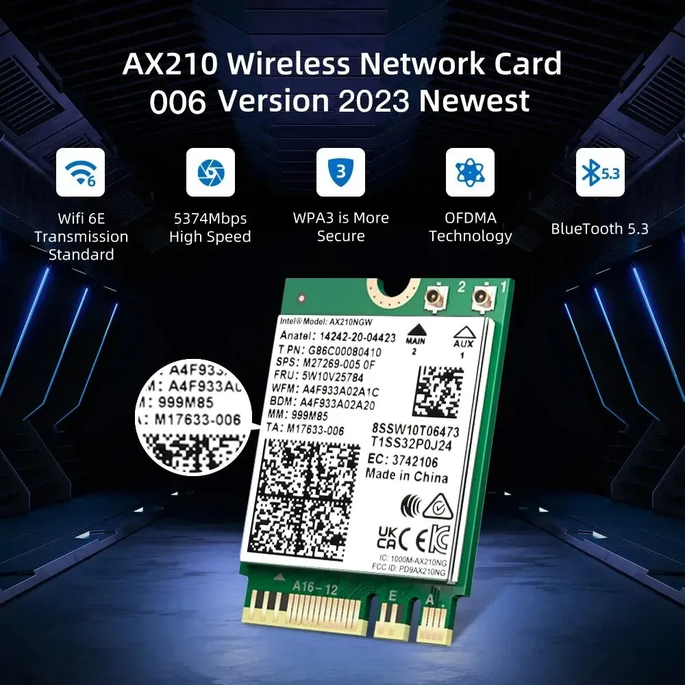 Adaptateur sans fil WiFi 6E AX210NGW NGFF avec Bluetooth 5.3, 5374 Mbps, 2,4 GHz / 5 GHz / 6 GHz, 802.11ax, pour ordinateur de bureau et portable, compatible Windows 10/11 2