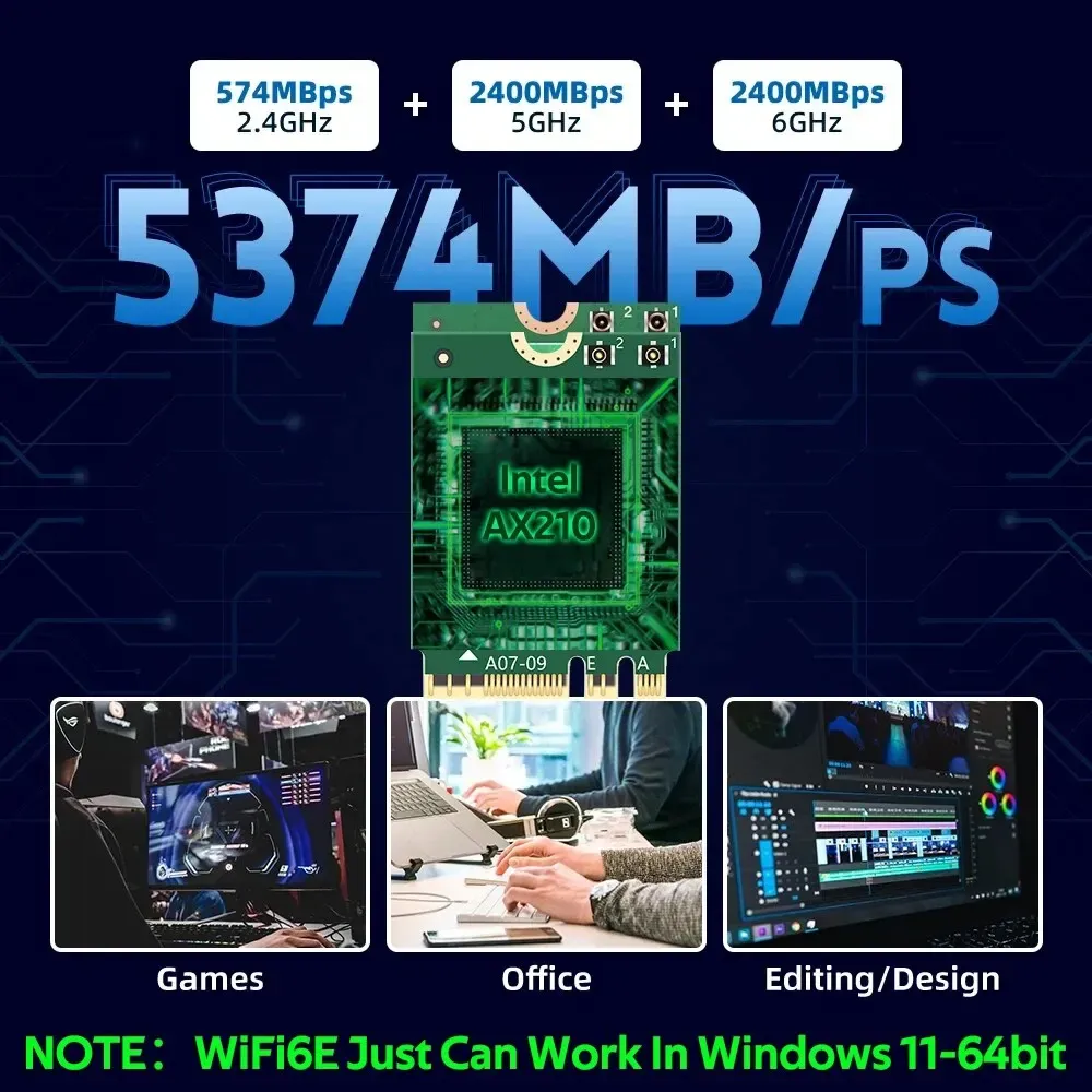 Adaptateur sans fil WiFi 6E AX210NGW NGFF avec Bluetooth 5.3, 5374 Mbps, 2,4 GHz / 5 GHz / 6 GHz, 802.11ax, pour ordinateur de bureau et portable, compatible Windows 10/11 3