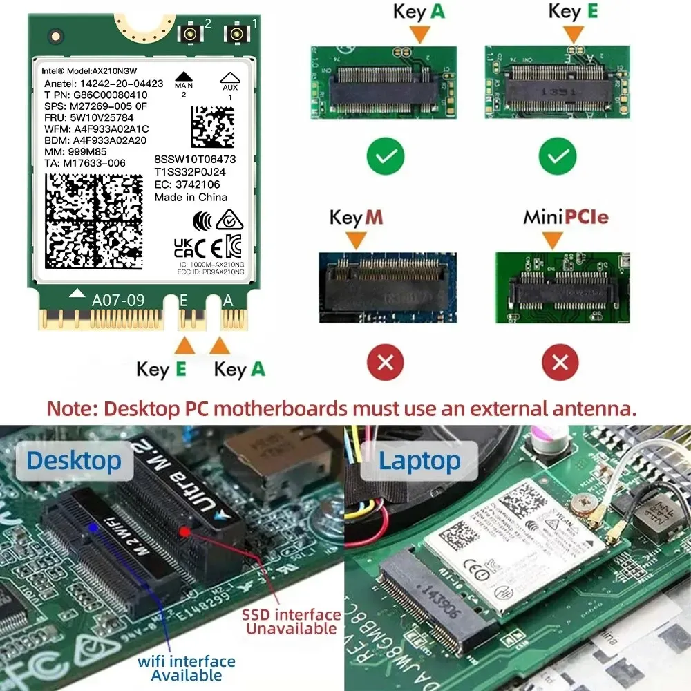 Adaptateur sans fil WiFi 6E AX210NGW NGFF avec Bluetooth 5.3, 5374 Mbps, 2,4 GHz / 5 GHz / 6 GHz, 802.11ax, pour ordinateur de bureau et portable, compatible Windows 10/11 6
