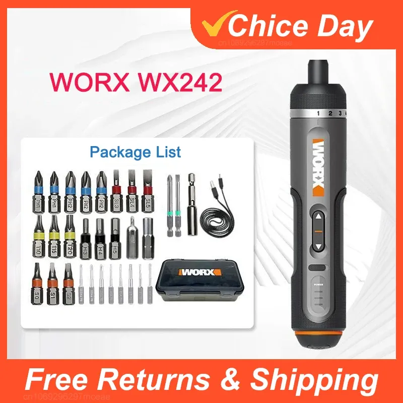 Ensemble de tournevis électrique mini Worx 4V WX242, tournevis électrique sans fil intelligent, rechargeable par USB, jeu de 30 embouts, outil de perçage 7
