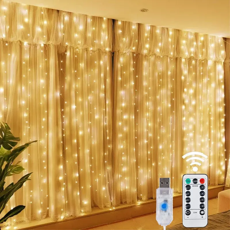 Rideau lumineux LED avec télécommande USB, 8 modes d'éclairage, décoration de Noël - Image 1