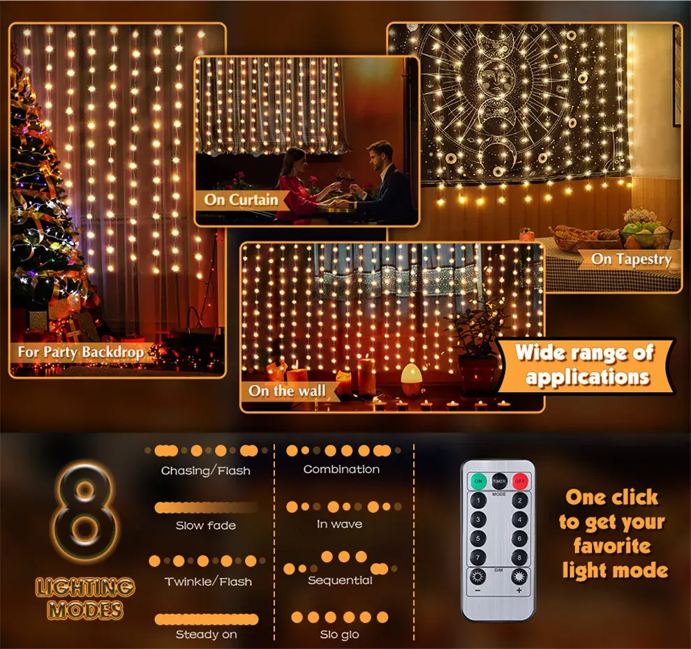 Rideau lumineux LED avec télécommande USB, 8 modes d'éclairage, décoration de Noël 6