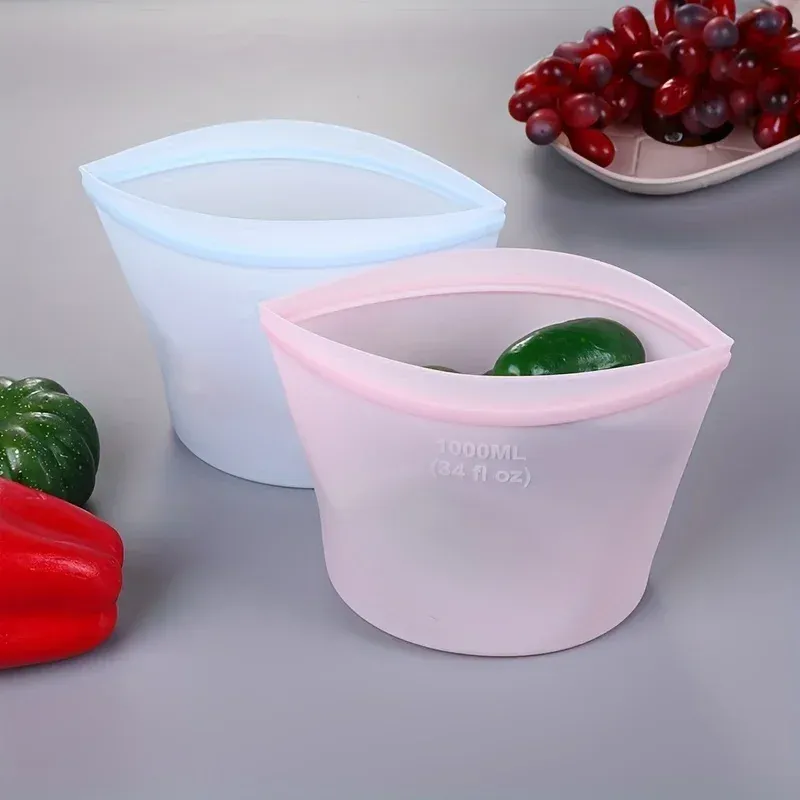 Ensemble de 3 sacs de conservation alimentaire en silicone, réutilisables, avec fermeture zippée et fond debout, étanches 2