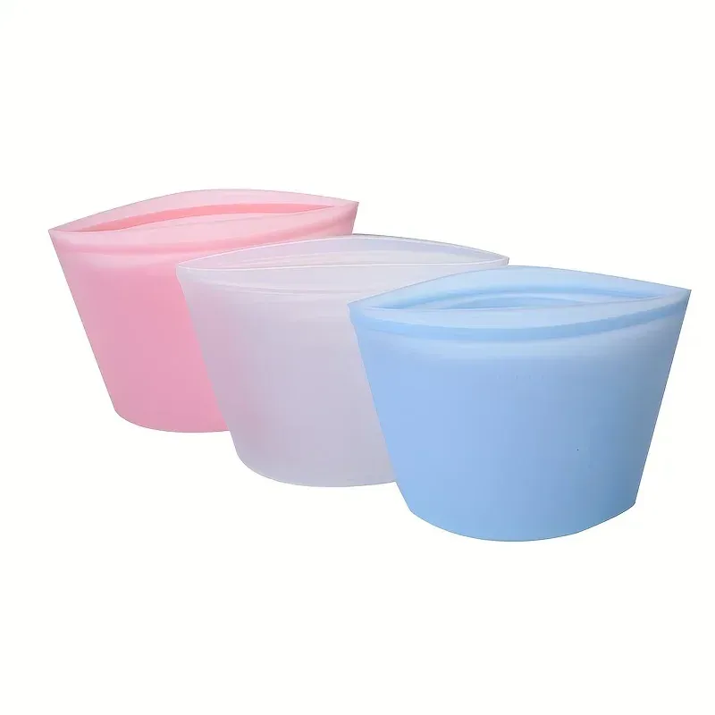 Ensemble de 3 sacs de conservation alimentaire en silicone, réutilisables, avec fermeture zippée et fond debout, étanches 5