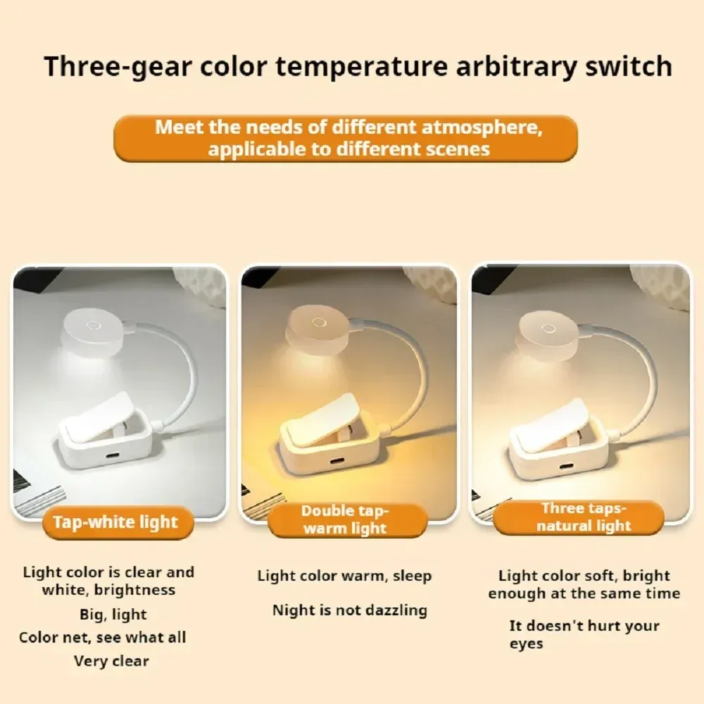 Mini lampe de lecture LED à pince, 3 modes de couleur pour protéger les yeux, lampe de chevet portable, alimentée par piles et USB 2