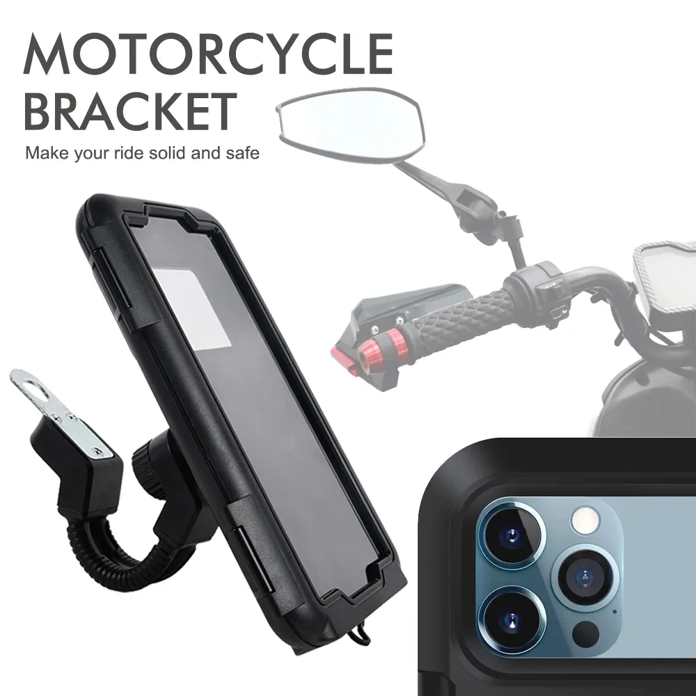 Support de téléphone étanche pour moto et vélo, fixation guidon ou rétroviseur, avec housse étanche 2