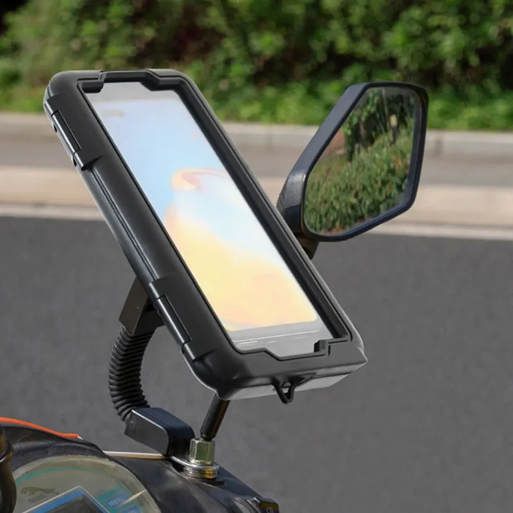 Support de téléphone étanche pour moto et vélo, fixation guidon ou rétroviseur, avec housse étanche 5