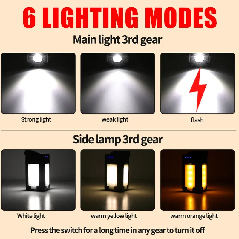 Lampe solaire d'extérieur rechargeable USB-C, portable, avec batterie externe, lampe LED suspendue pour tente, camping, randonnée et pêche 3