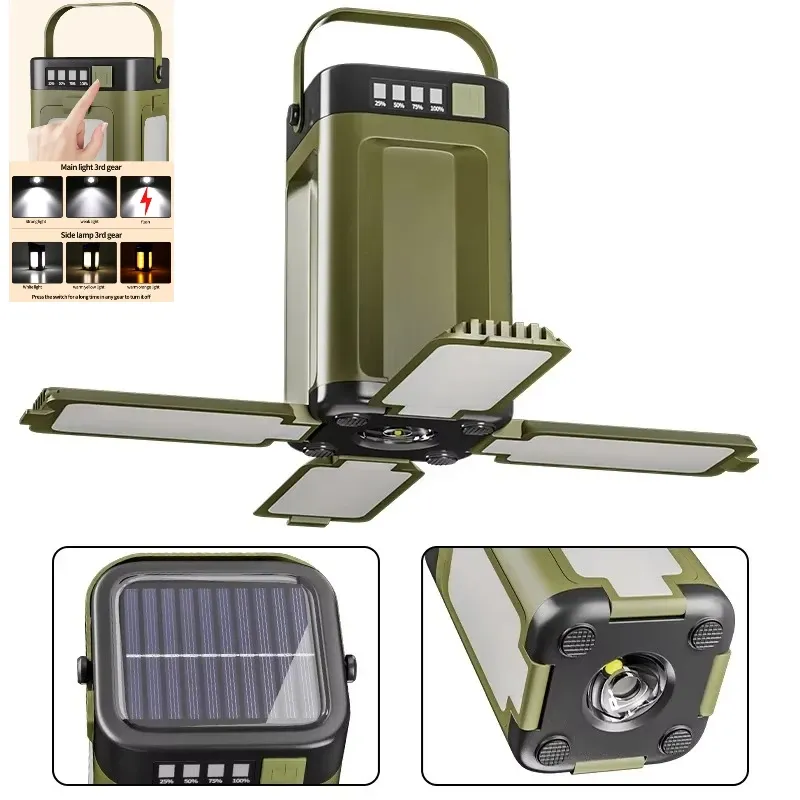 Lampe solaire d'extérieur rechargeable USB-C, portable, avec batterie externe, lampe LED suspendue pour tente, camping, randonnée et pêche
