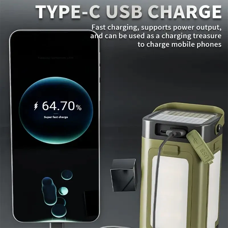 Lampe solaire d'extérieur rechargeable USB-C, portable, avec batterie externe, lampe LED suspendue pour tente, camping, randonnée et pêche 6