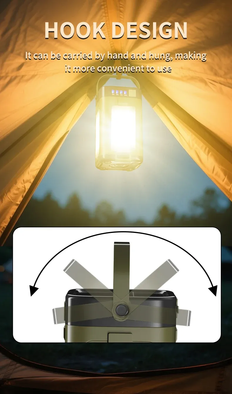 Lampe de camping à la tombée de la nuit