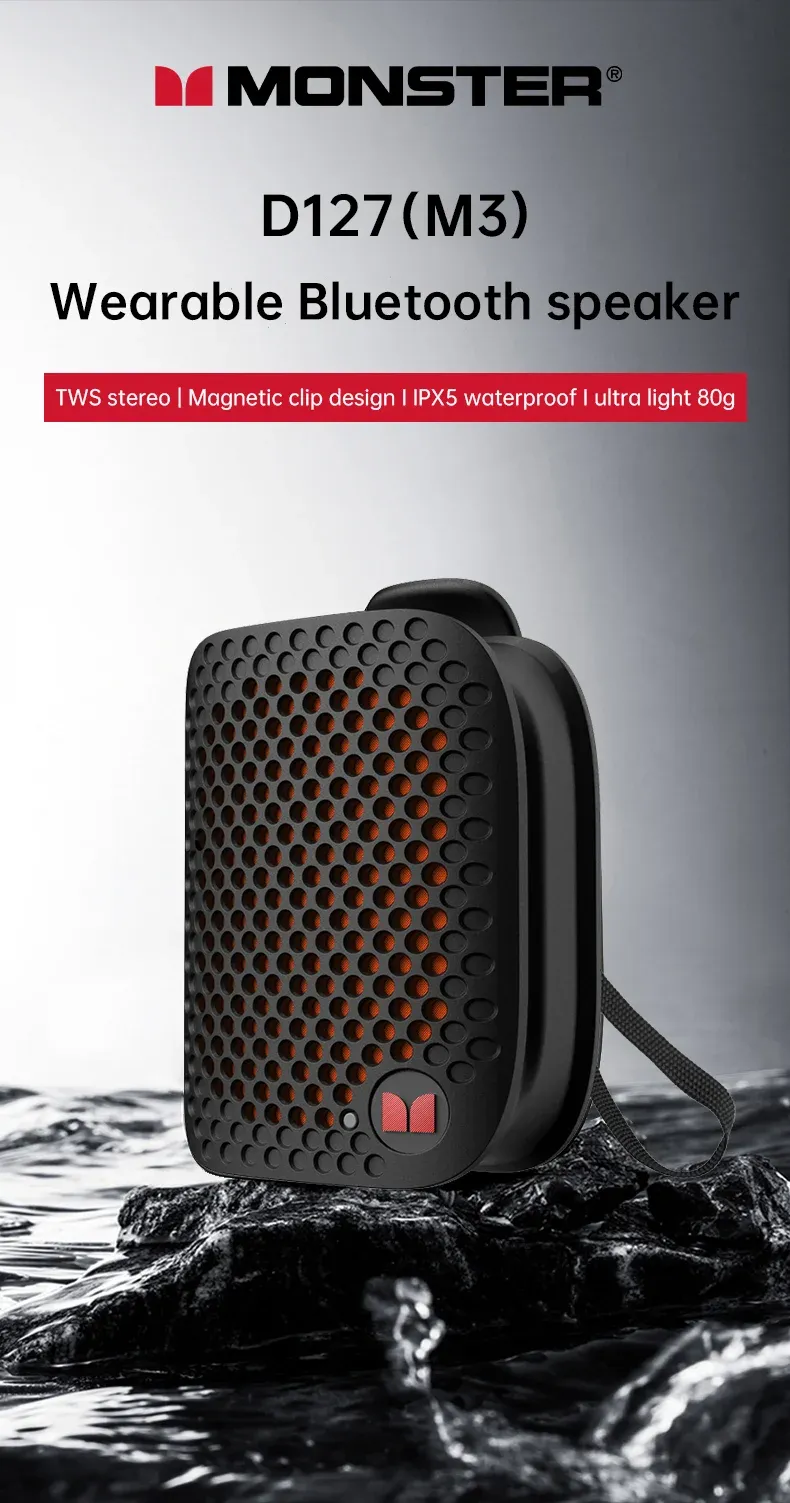 Enceinte Monster M3 magnétique et à pince, vue d'ensemble