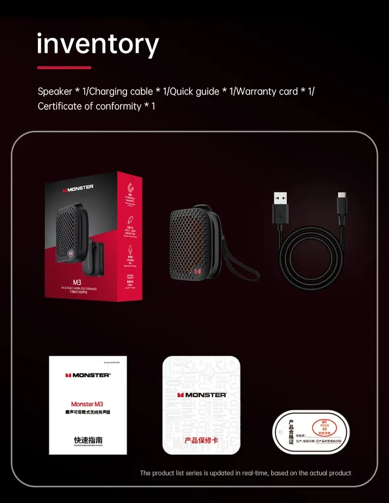 Enceinte Monster M3 avec son étui et ses accessoires