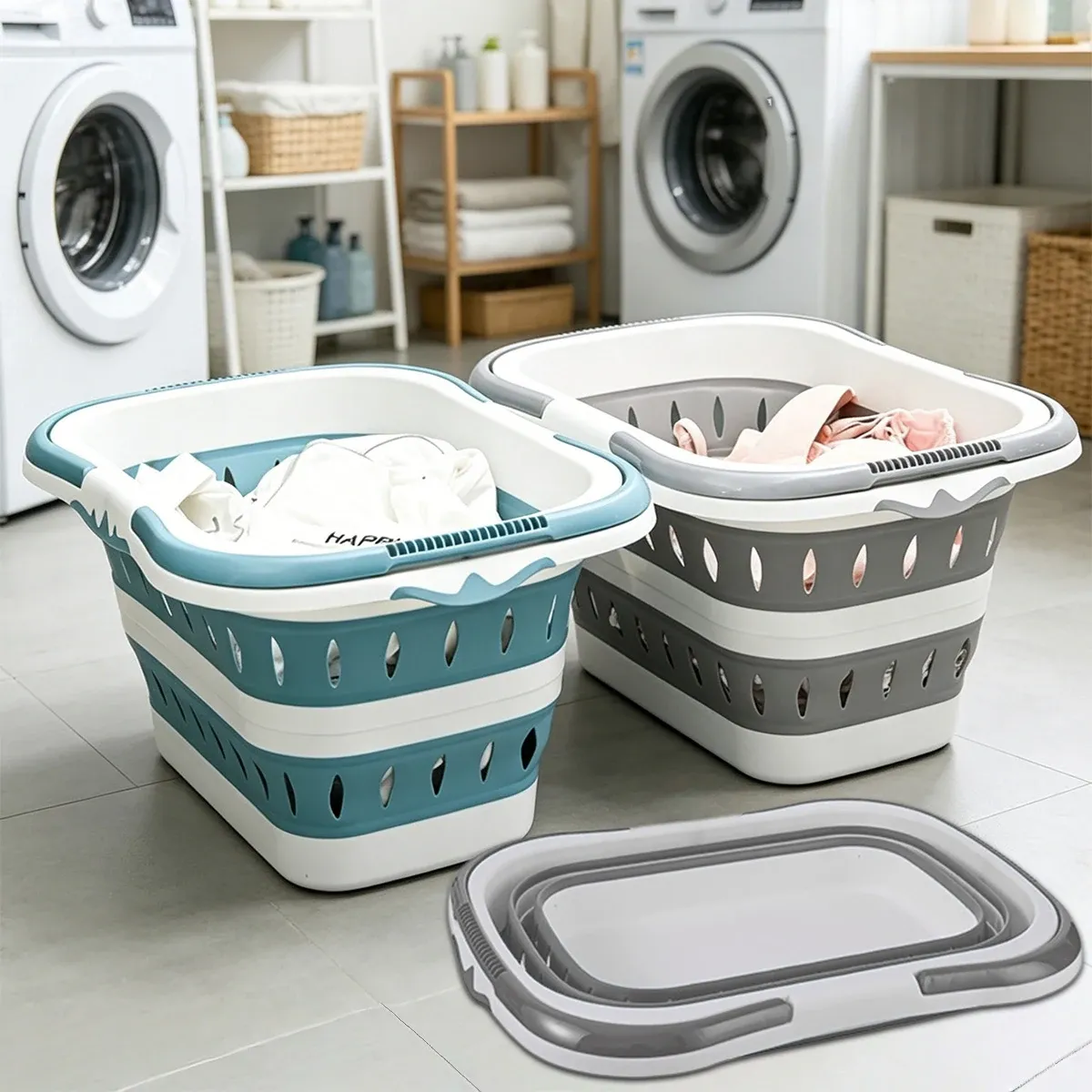 Panier à linge pliable avec poignée rabattable, bac ovale Ellipse portable, bac à linge compact et pliable, gain de place - Image 1