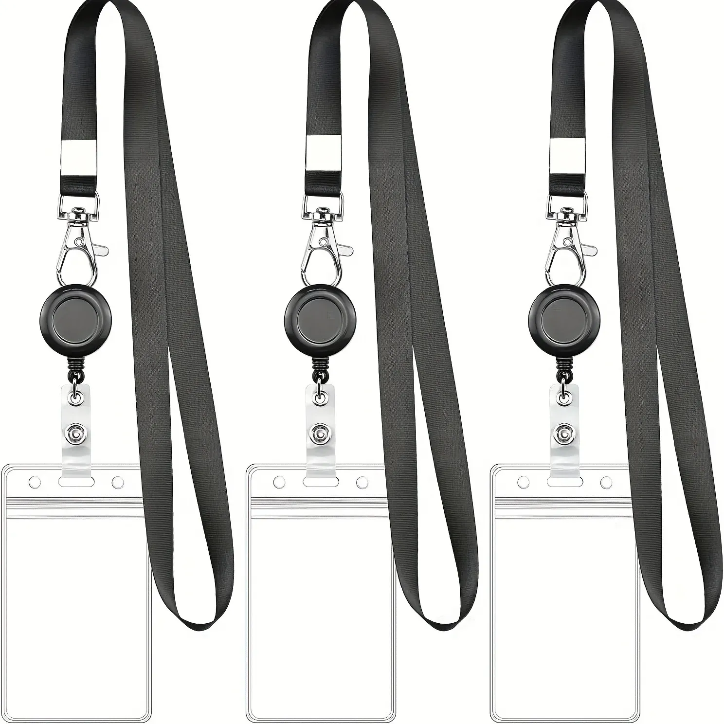 Bview Art Porte-badge d'identité en PVC avec mousqueton rétractable noir - Cordon de cou réglable pour enrouleur de badge - Image 1