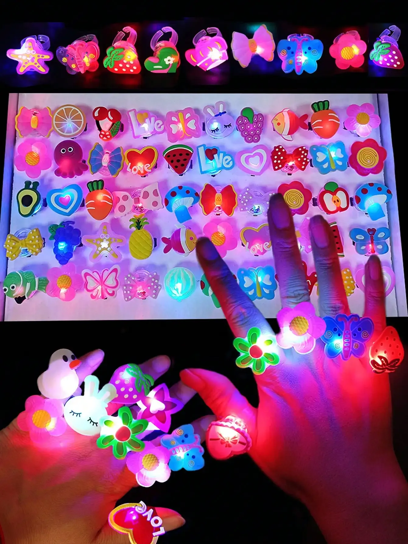 Anneaux lumineux LED en forme d'animaux de dessin animé, lot de 20 ou 50 pièces, jouets lumineux pour fêtes et soirées