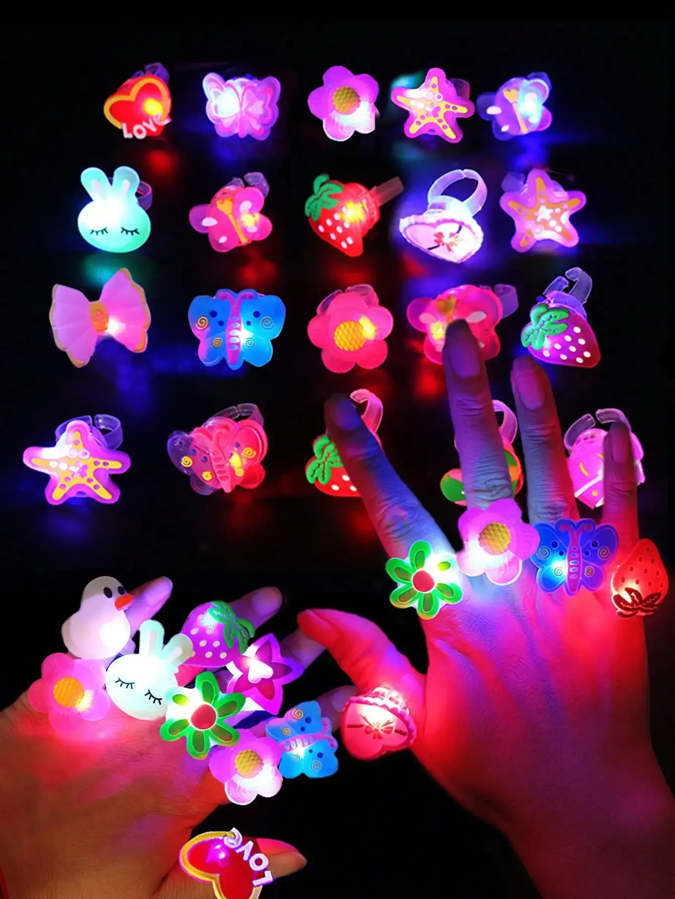 Anneaux lumineux LED en forme d'animaux de dessin animé, lot de 20 ou 50 pièces, jouets lumineux pour fêtes et soirées 4