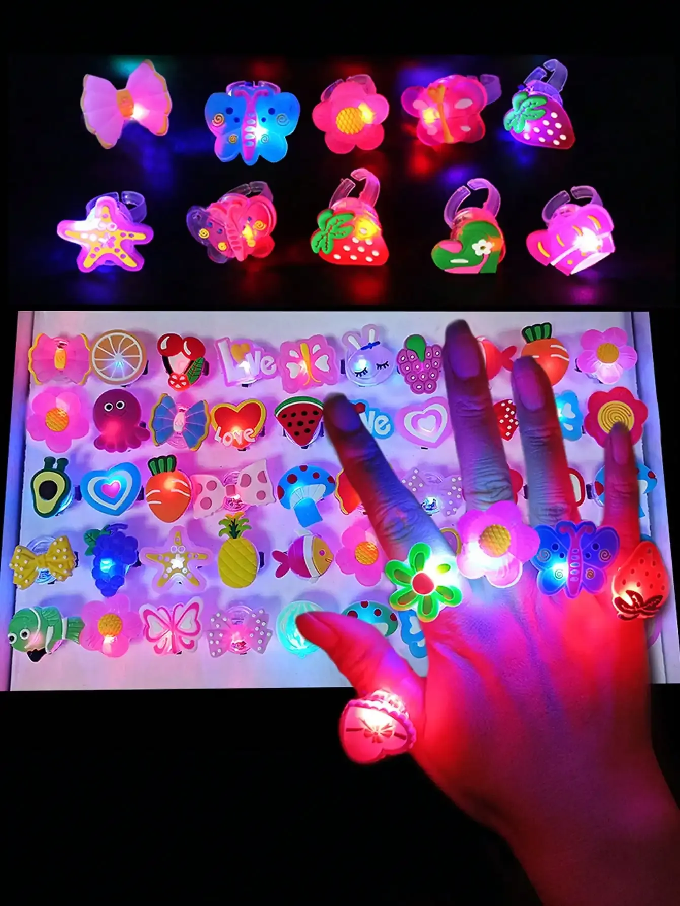 Anneaux lumineux LED en forme d'animaux de dessin animé, lot de 20 ou 50 pièces, jouets lumineux pour fêtes et soirées 5