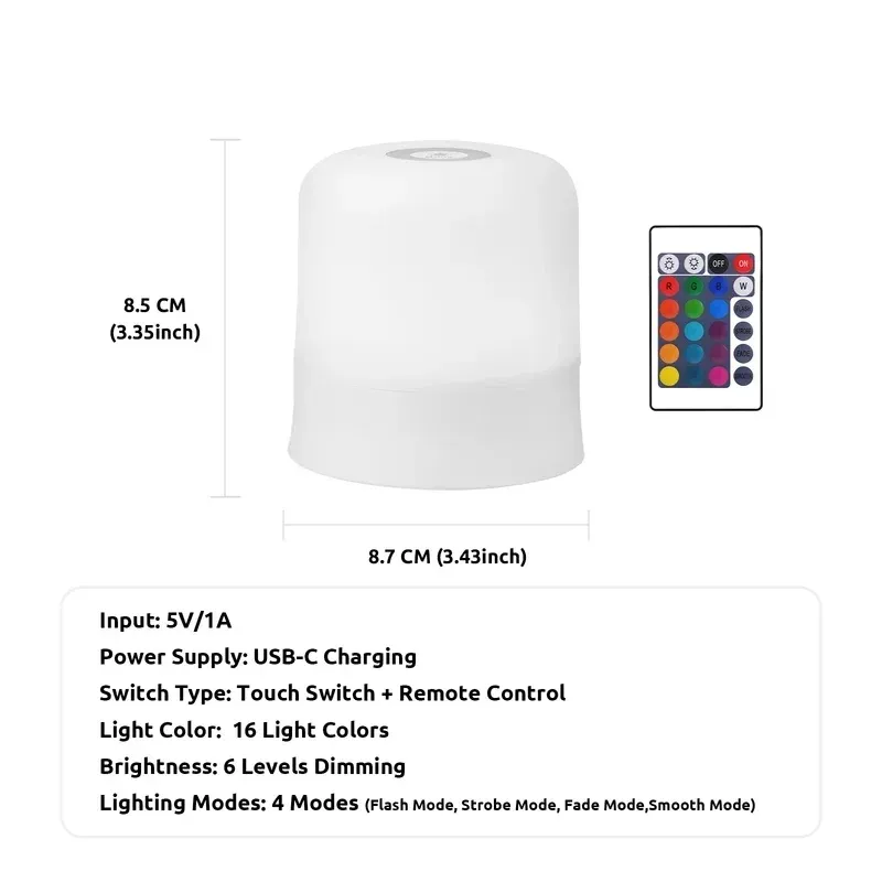 Lampe de chevet LED rechargeable RGB à intensité variable avec télécommande et commande tactile, batterie 4000 mAh 6