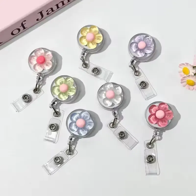 Porte-badge rétractable à motif floral avec boucle transparente pour cartes d'identité