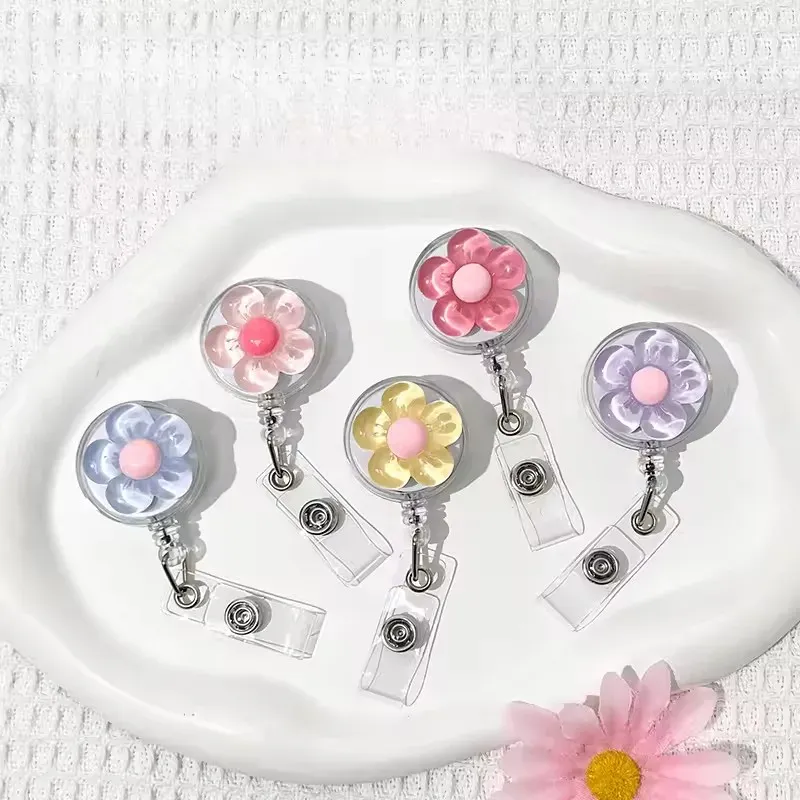 Porte-badge rétractable à motif floral avec boucle transparente pour cartes d'identité 2