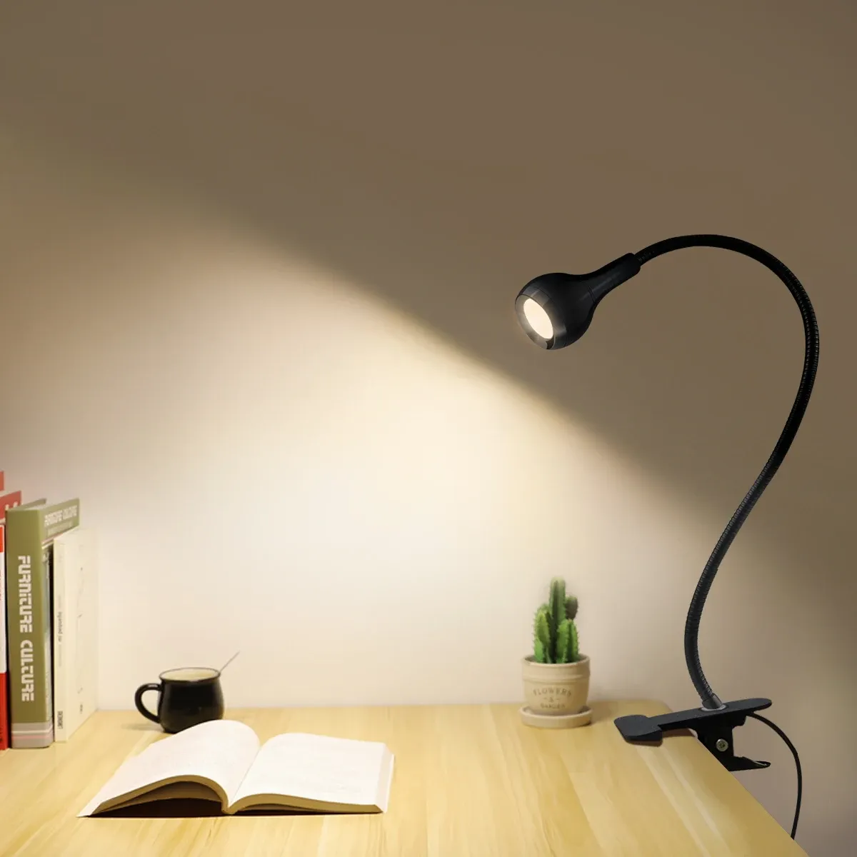 Lampe de bureau flexible à 360° avec pince de fixation, alimentation USB, lampe de lecture et veilleuse à clipser avec interrupteur marche/arrêt 2