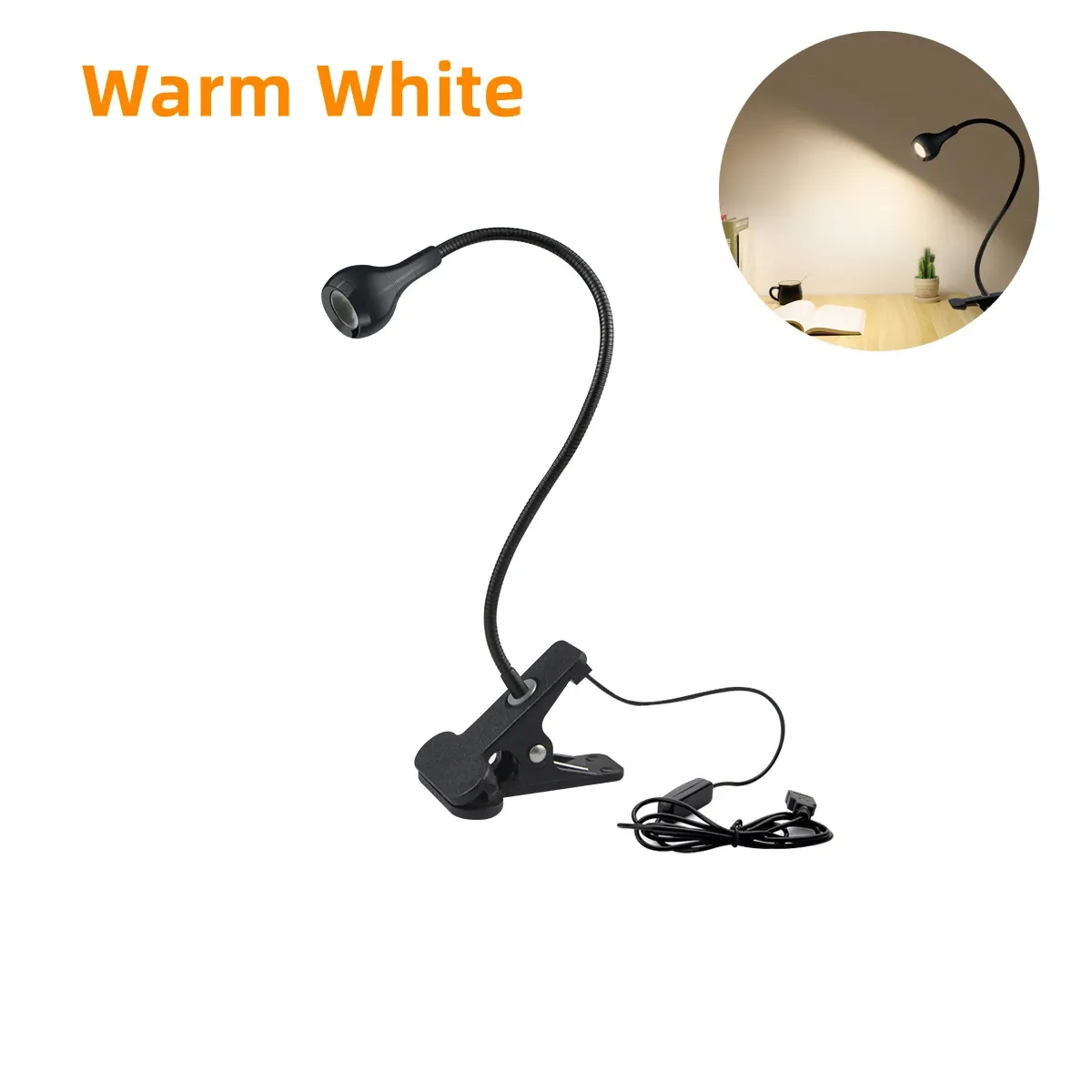 Lampe de bureau flexible à 360° avec pince de fixation, alimentation USB, lampe de lecture et veilleuse à clipser avec interrupteur marche/arrêt 7