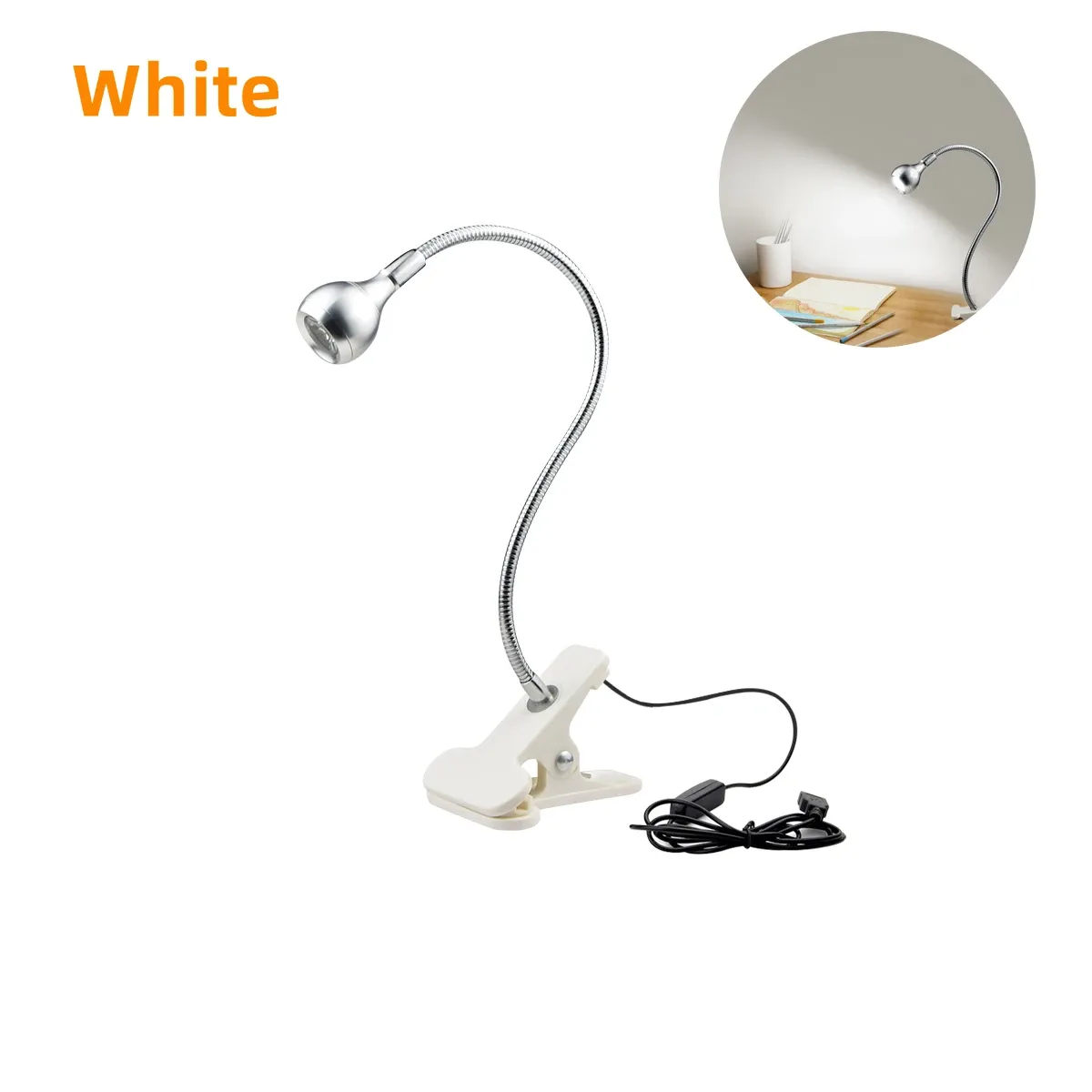 Lampe de bureau flexible à 360° avec pince de fixation, alimentation USB, lampe de lecture et veilleuse à clipser avec interrupteur marche/arrêt 9