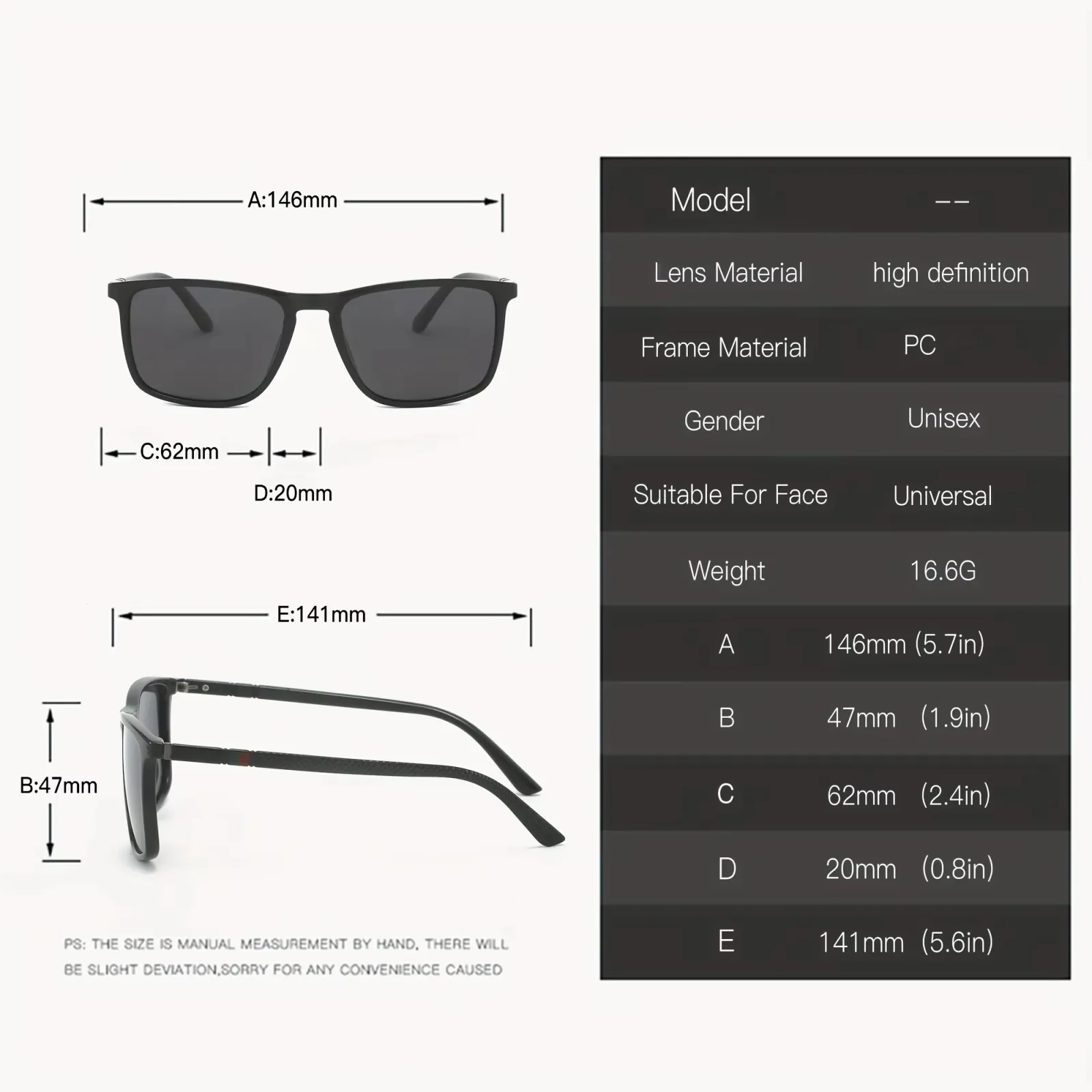 Lunettes de soleil carrées polarisées, vue de face