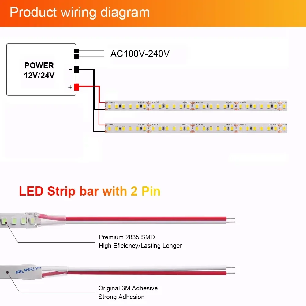 Bande LED SMD 2835 12 V, 1 m à 5 m, 120 LED/m et 240 LED/m, blanc chaud, ruban flexible pour décoration intérieure 6