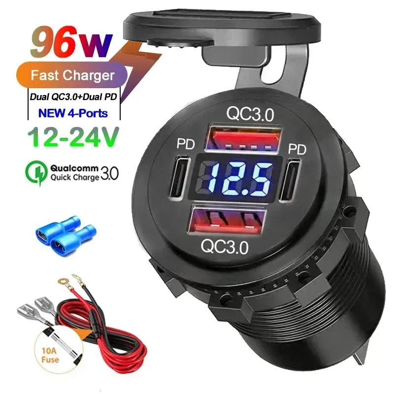 Chargeur USB étanche 96W avec voltmètre pour voiture et moto, compatible 12V/24V, PD et QC 3.0