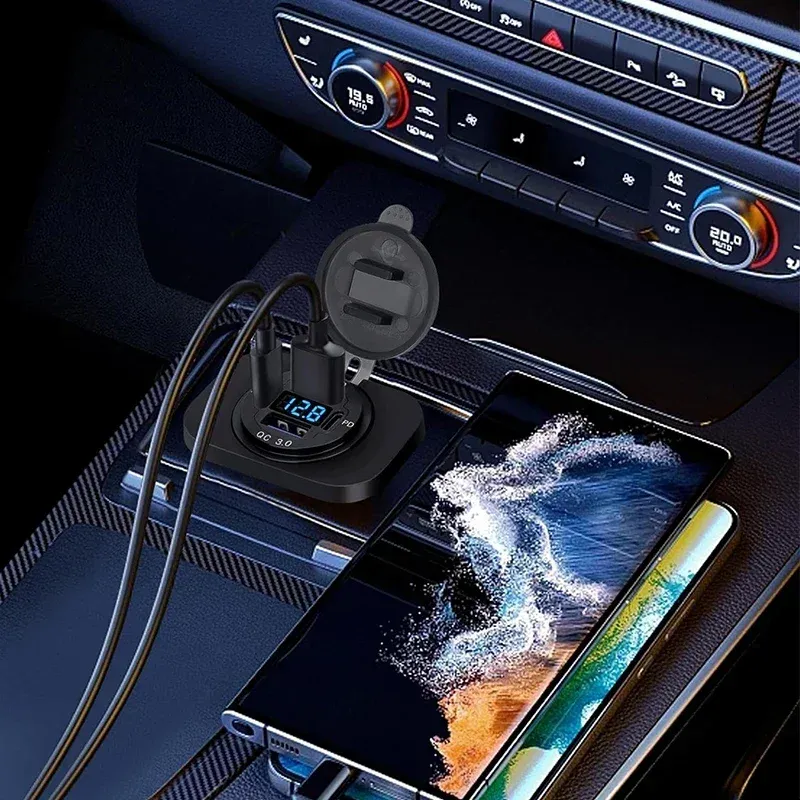 Chargeur USB étanche 96W avec voltmètre pour voiture et moto, compatible 12V/24V, PD et QC 3.0 3