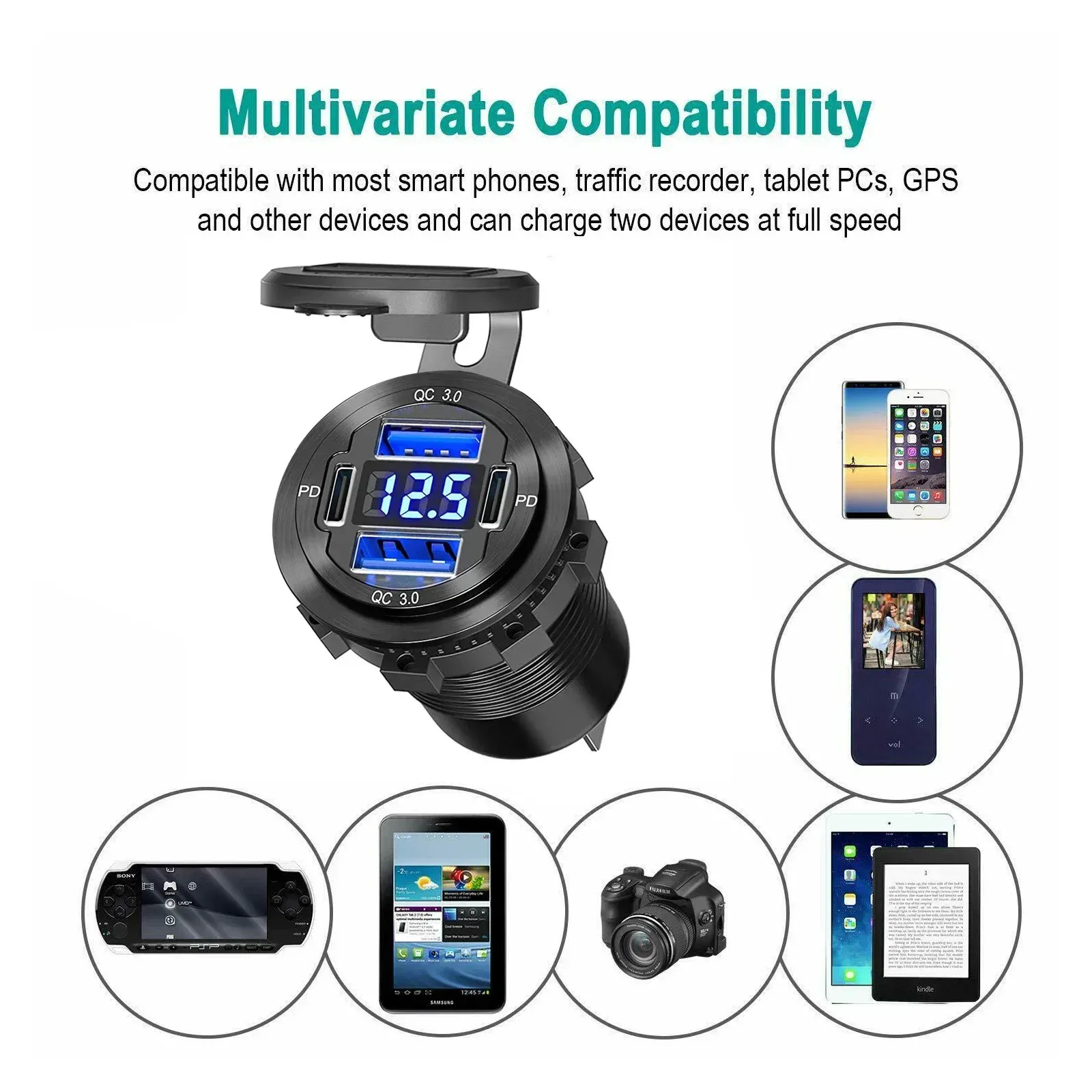 Chargeur USB étanche 96W avec voltmètre pour voiture et moto, compatible 12V/24V, PD et QC 3.0 4